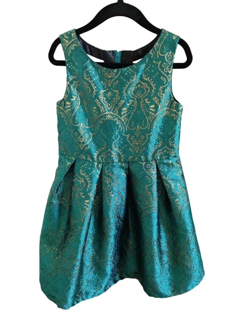 Place Little Girls Size 5 Dress Teal Sleeveless Gold Brocade Bow Back Party Chic - Picture 2 of 8